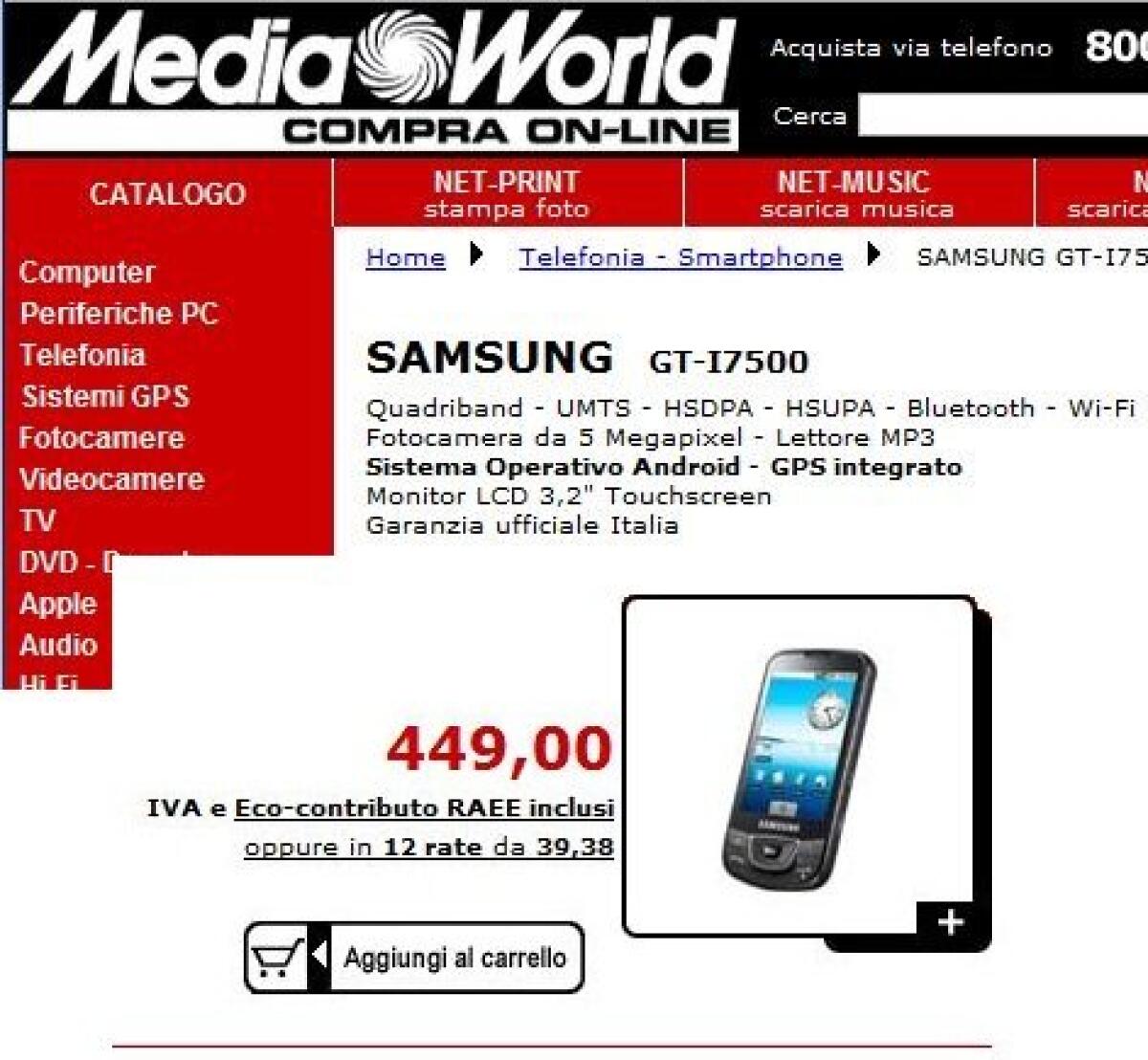 Samsung Galaxy: da Mediaworld a 449€ - 