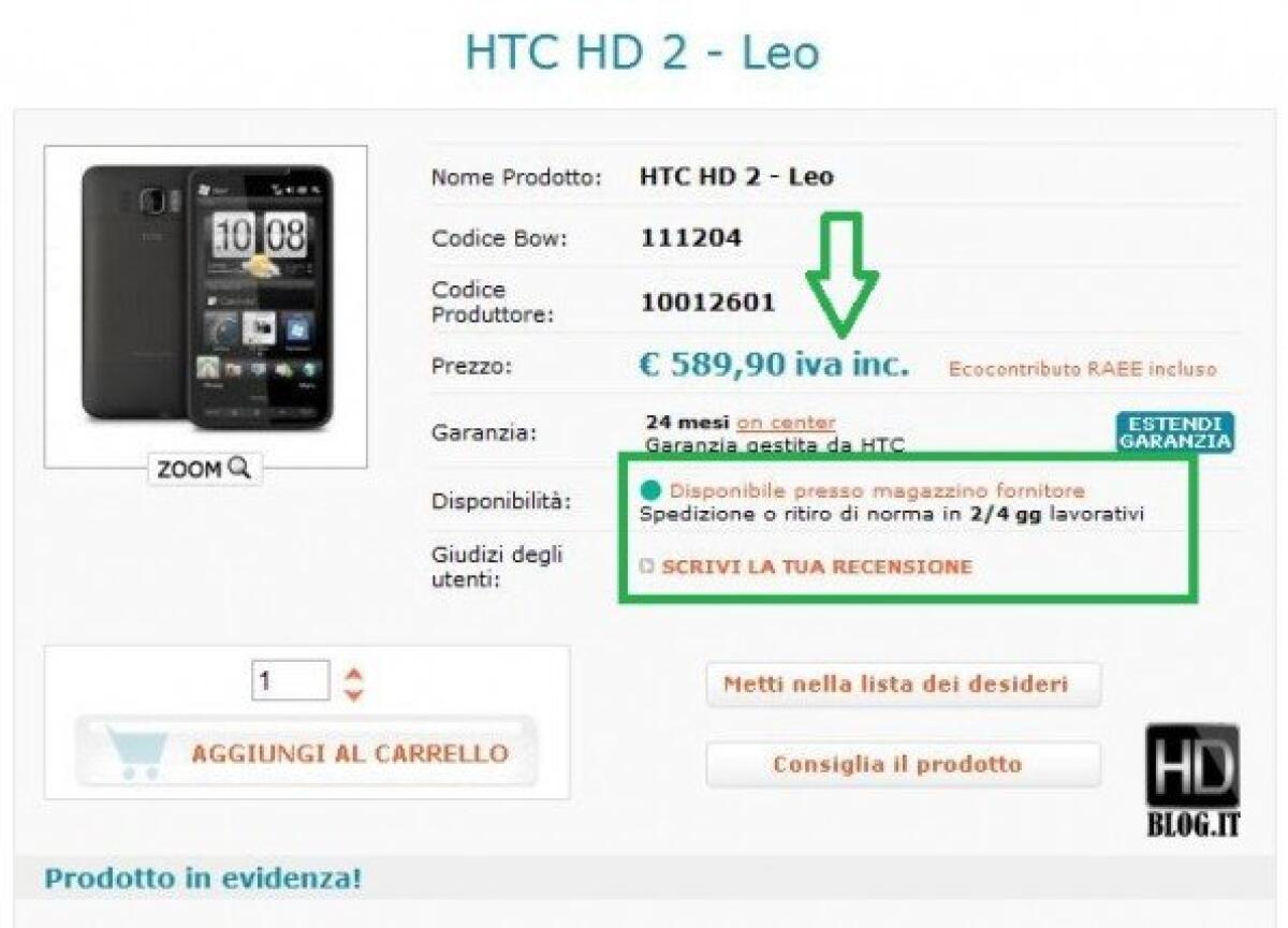 HOT NEWS: HTC HD 2 disponibile a 589€ - 