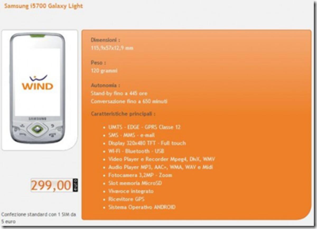 Samsung Galaxy Light i5700 in listino Wind a 299€ - 