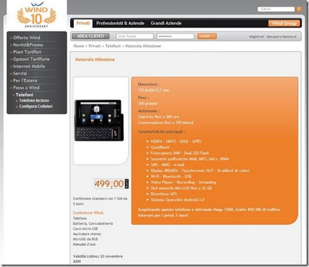 Motorola Milestone (Droid): eccolo con Wind - 