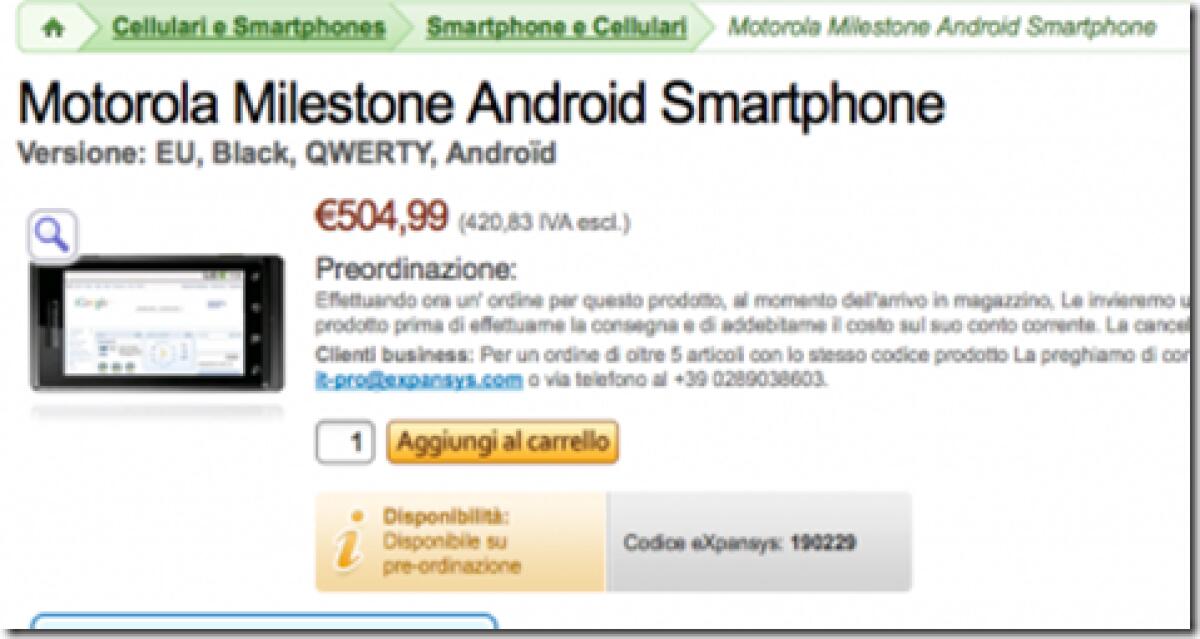 Motorola Milestone: su eXpansys a 505€ - 