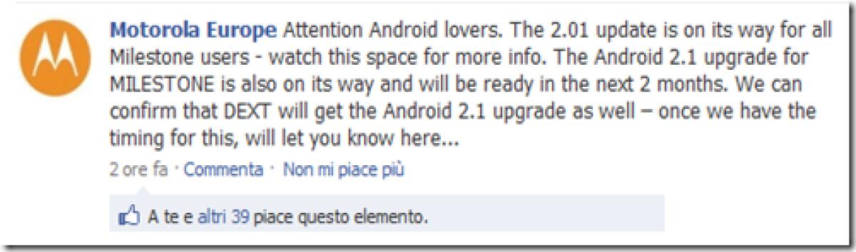 Motorola: ufficiale Android 2.1 per Milestone - 