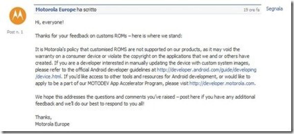 Motorola &amp; Custom Roms: la situazione (pessima) - 