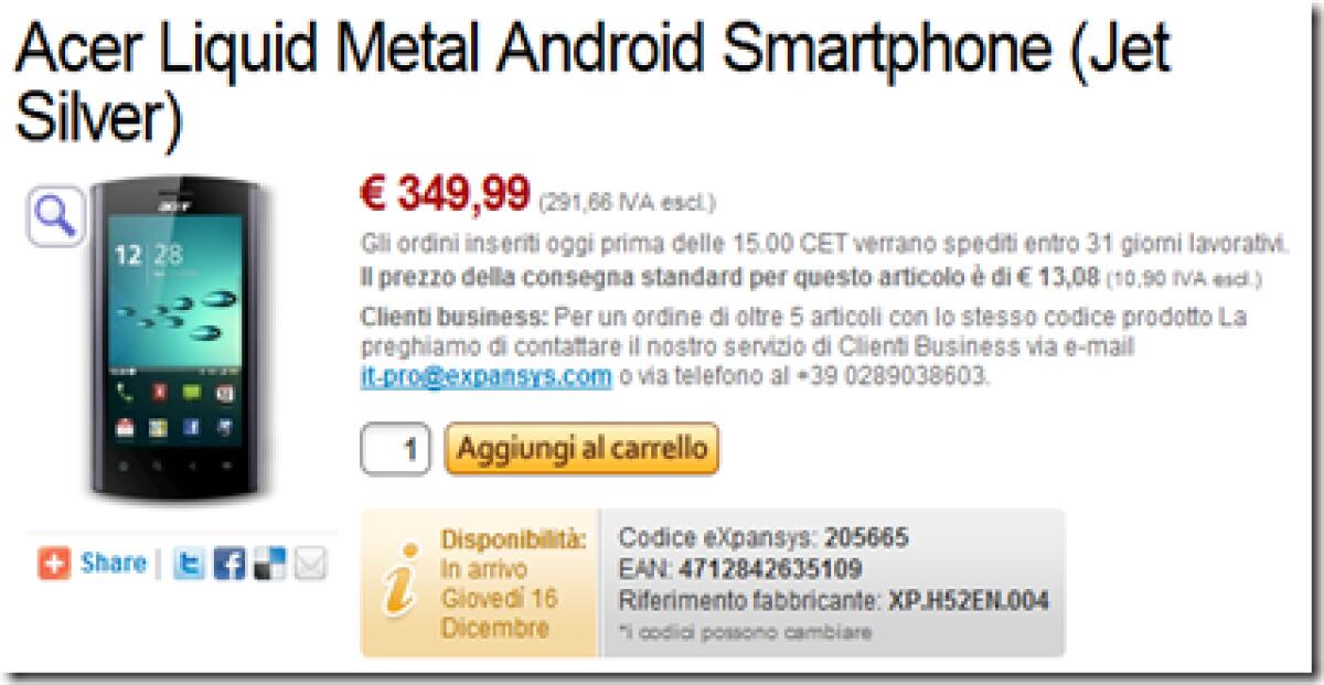 Acer Liquid Metal: a Dicembre a 349€ - 