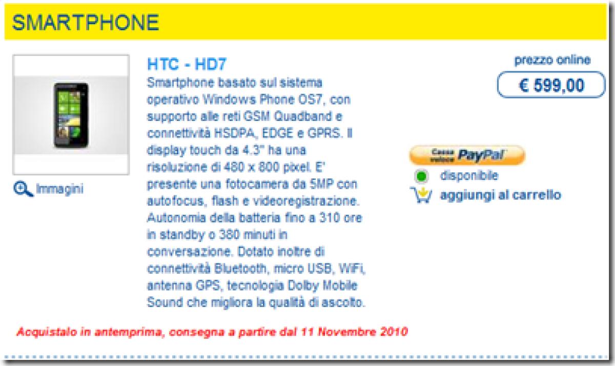 HTC HD7: dall’11 Novembre a 599€ da Euronics - 