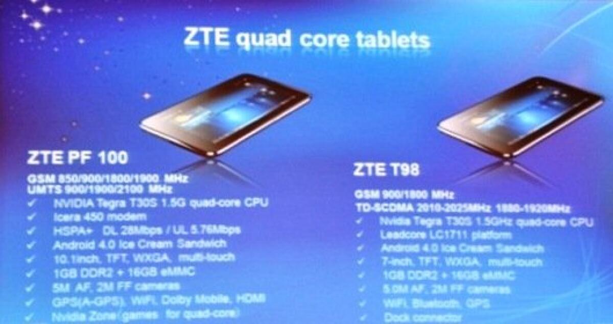 Tablet ZTE PF100 e T98 Quad-Core |Schede Tecniche [MWC 2012] - 
