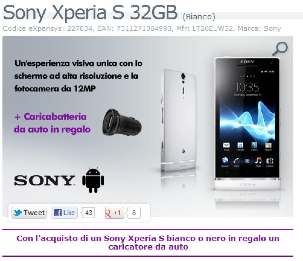 Xperia S: da Expansys in regalo il caricabatteria da auto - 