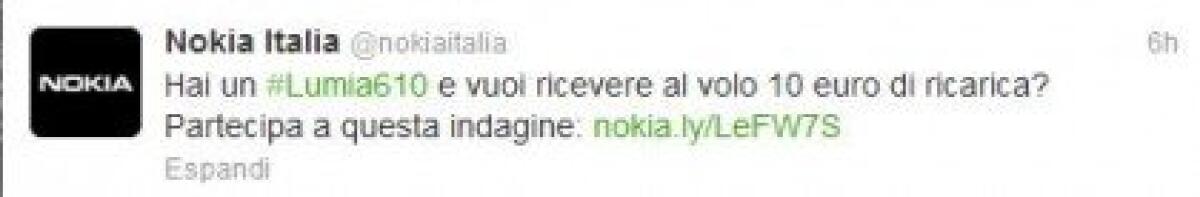 Hai un Lumia 610? 10€ di ricarica gratis per te! - 