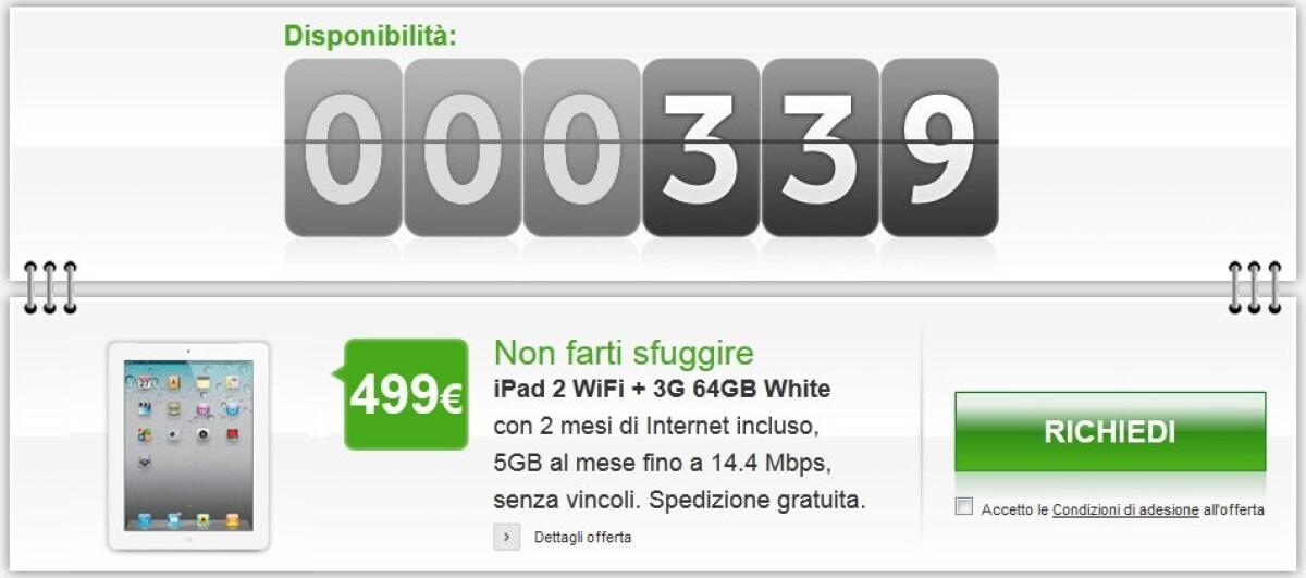 Offerta iPad 2 3G 64 Gb a 499 € con Vadafone Countdown - 
