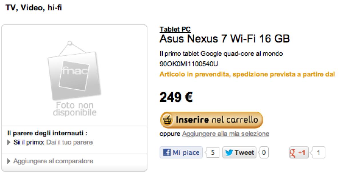 Google Nexus 7 in pre-ordine su Fnac.it a 249€ - 