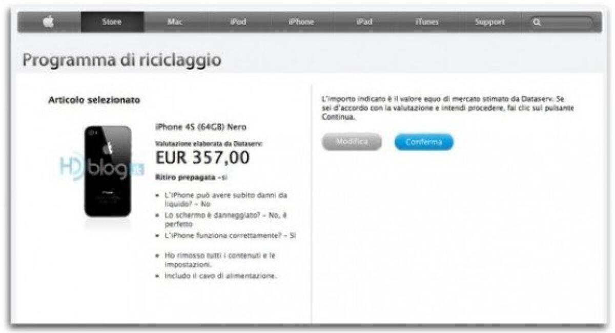 Programma di riciclaggio: Apple offre fino a 357€ per iPhone 4S - 