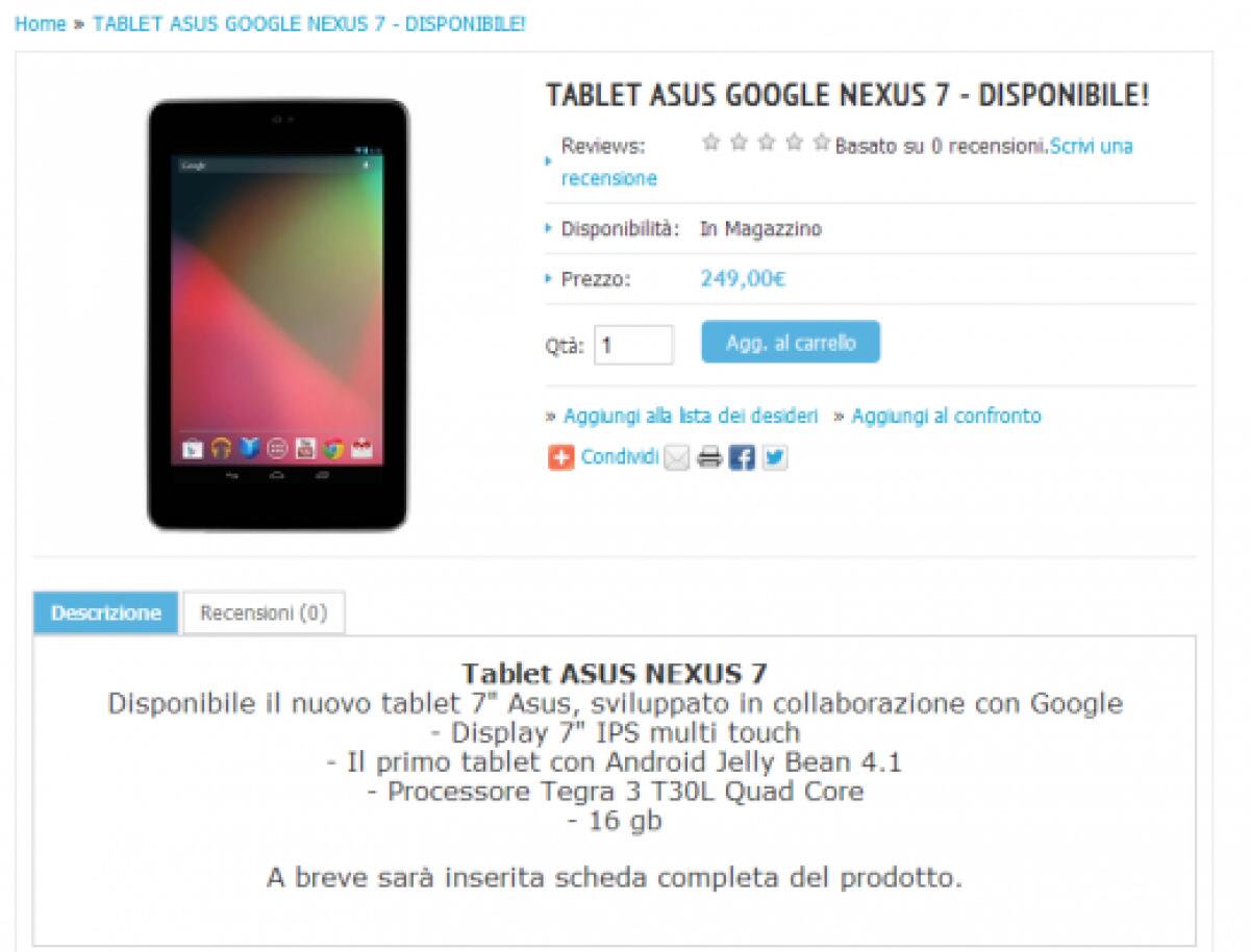 Tablet Google Nexus 7 disponibile in Italia su Asus Store - 
