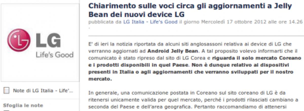 LG Italia: ecco le informazioni sugli aggiornamenti a Jelly Bean per i suoi smartphone  - 