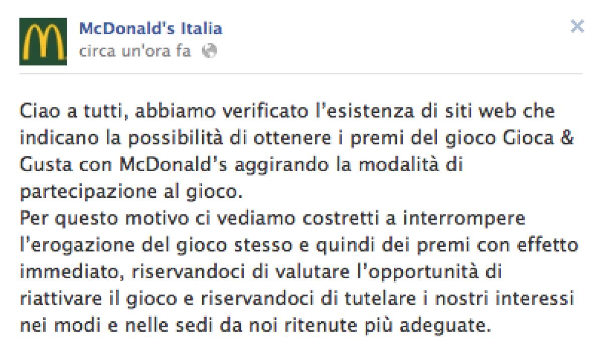 McDonald’s Italia interrompe l’iniziativa “Gioca & Gusta con McDonald’s” - 