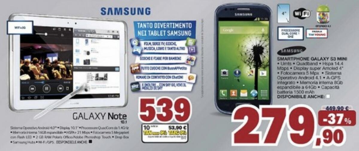 Offerte Smartphone Android: Galaxy S 3 Mini, Note 10.1, Defy e altro da Unieuro - 