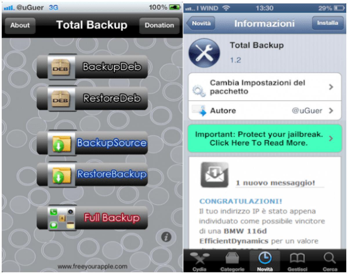 Backup e Ripristino di Repo, Tweak, SMS, Contatti e Foto su iPhone con Total Backup - 
