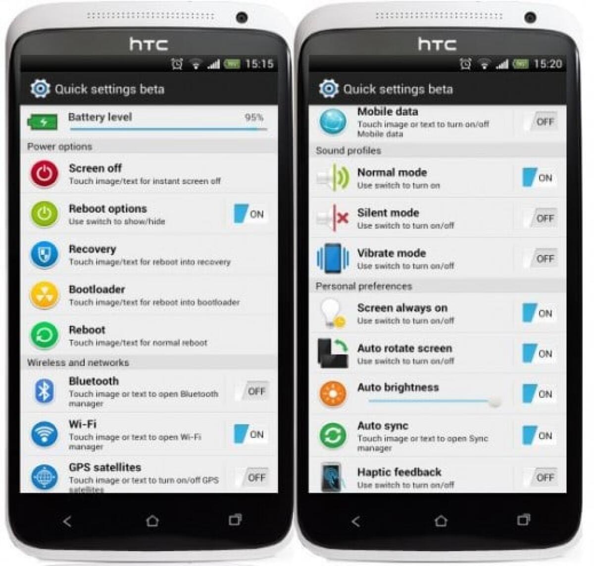 Sense 5 Quick settings, switch per le impostazioni rapide su smartphone Android - 