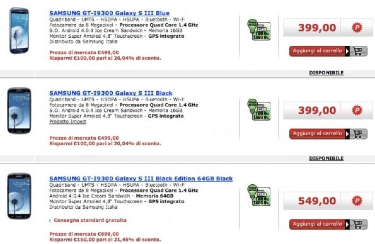 Offerta Samsung Galaxy S3 a 399€ da Mediaworld e MarcoPolo Expert - 