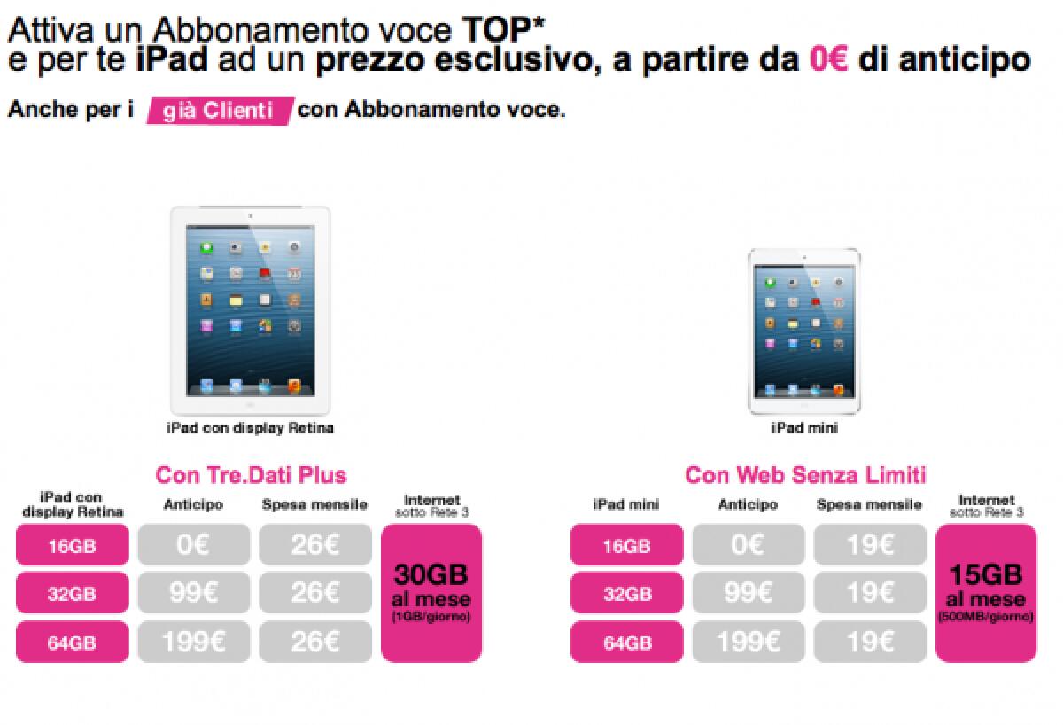 3 Italia permette di acquistare iPad e iPad mini da 19€ al mese - 