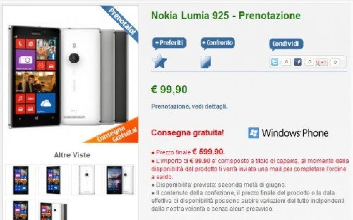 Novità Smartphone: Nokia Lumia 925 in preordine su NStore.it a 599€ - 