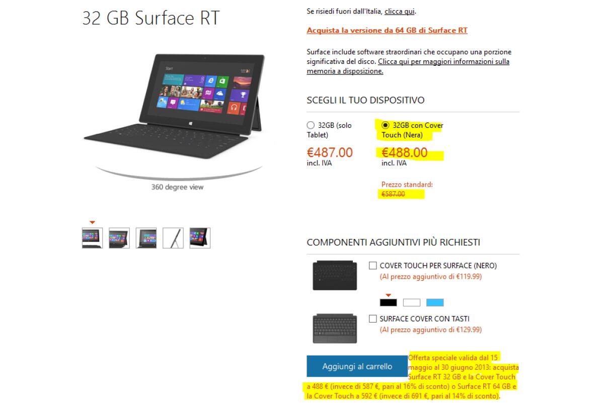 Offerte Hi-Tech: Surface RT + Touch Cover in omaggio sullo Store Microsoft - 