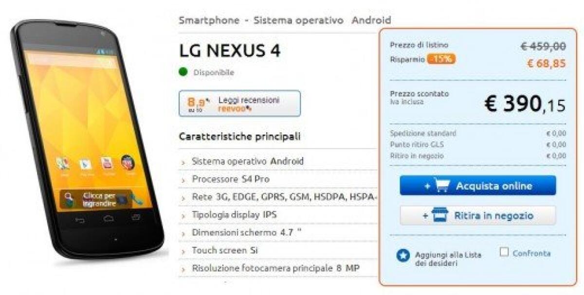 [OFFERTE SMARTPHONE] Nexus 4 Italia da Marcopolo a 390€ - 