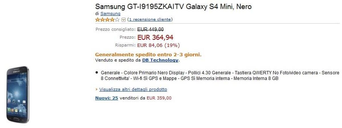 [Offerta Smartphone] Galaxy S4 Mini 365 € in Garanzia Italia su Amazon - 