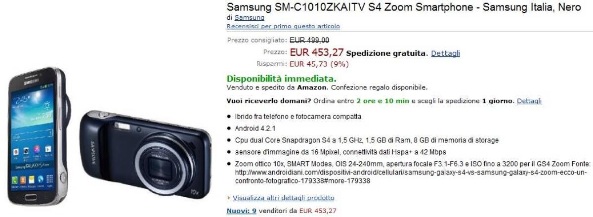 Galaxy S4 Zoom: 453 € per il primo Cameraphone di Samsung su Amazon.it - 