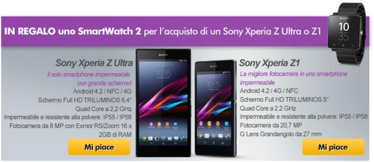 Offerta Expansys: Sony Xperia Z1 e Z Ultra disponibili con SmartWatch 2 in regalo - 