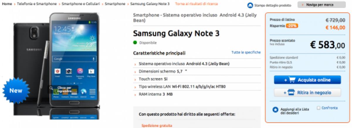 Samsung Galaxy Note 3 in offerta a 583€ da MarcoPolo Expert - 
