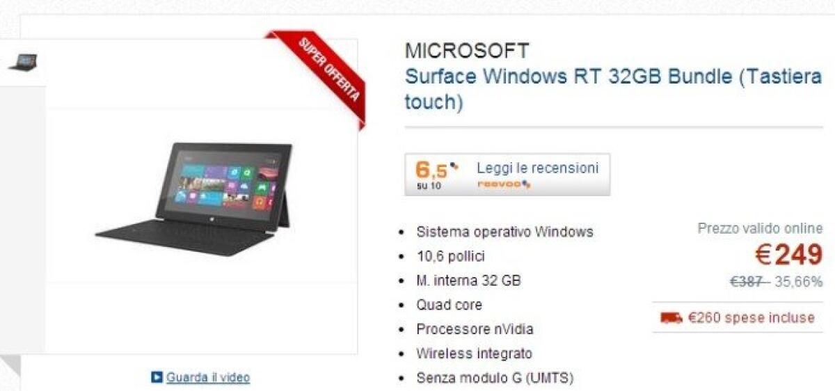 Offerte Tablet: Microsoft Surface RT da 32 GB + Touch Cover a 249€ - 