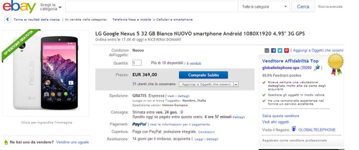 Su eBay il Nexus 5 da 32 GB Bianco è in promozione a 369 euro - 