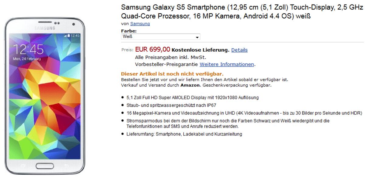 Il Samsung Galaxy S5 in preordine su Amazon per 699 euro - 