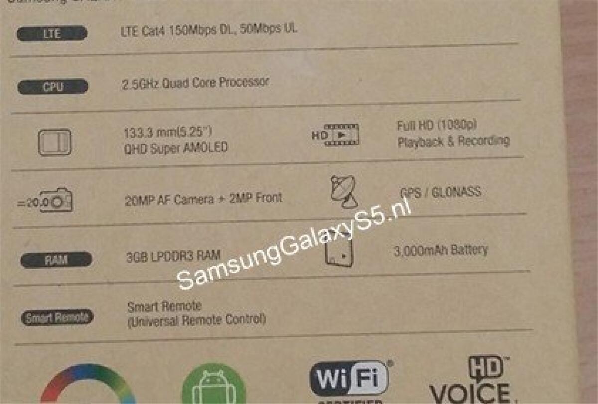 [ESCLUSIVO] Ecco la foto della scatola del Galaxy S5 con le caratteristiche tecniche: Display 5.25" QHD, Fotocamera da  20 MP e Batteria da 3000 mAh - 