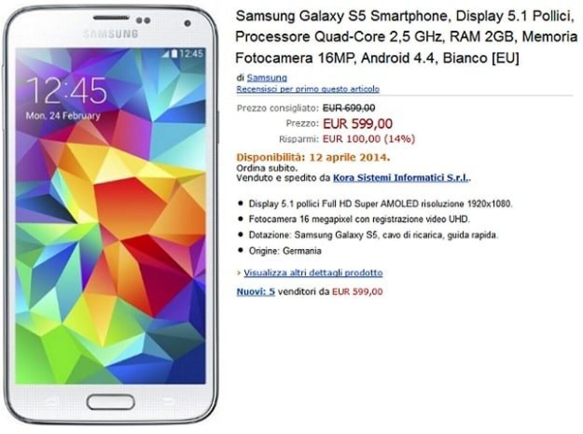 Galaxy S5 arriva a 599 euro anche su Amazon con garanzia Europa - 