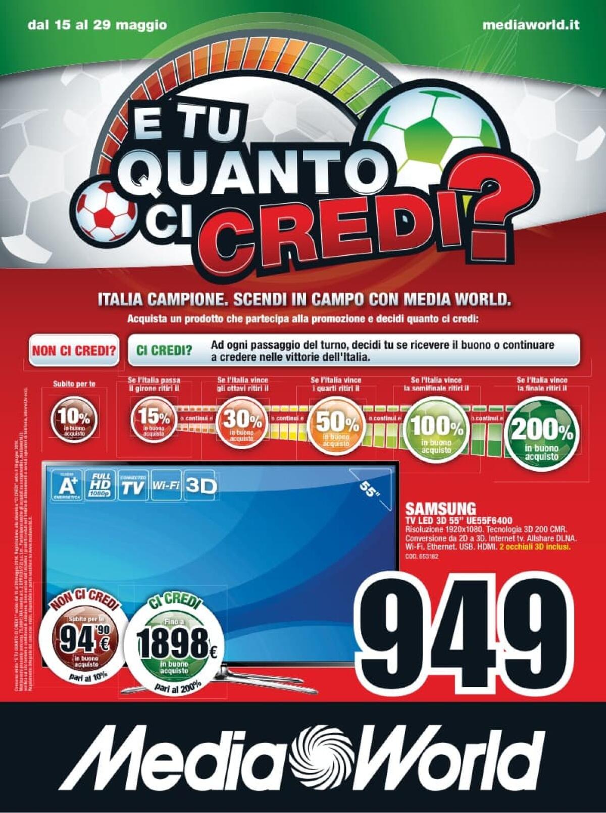 [Ultimo Volantino Media World] Ecco il super volantino dei Mondiali di Brasile 2014 con la promo "E tu quanto di credi?" - 