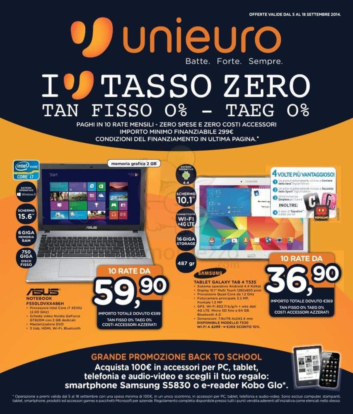 Super volantino Unieuro con la promo "Back to School" e Tasso 0 - 