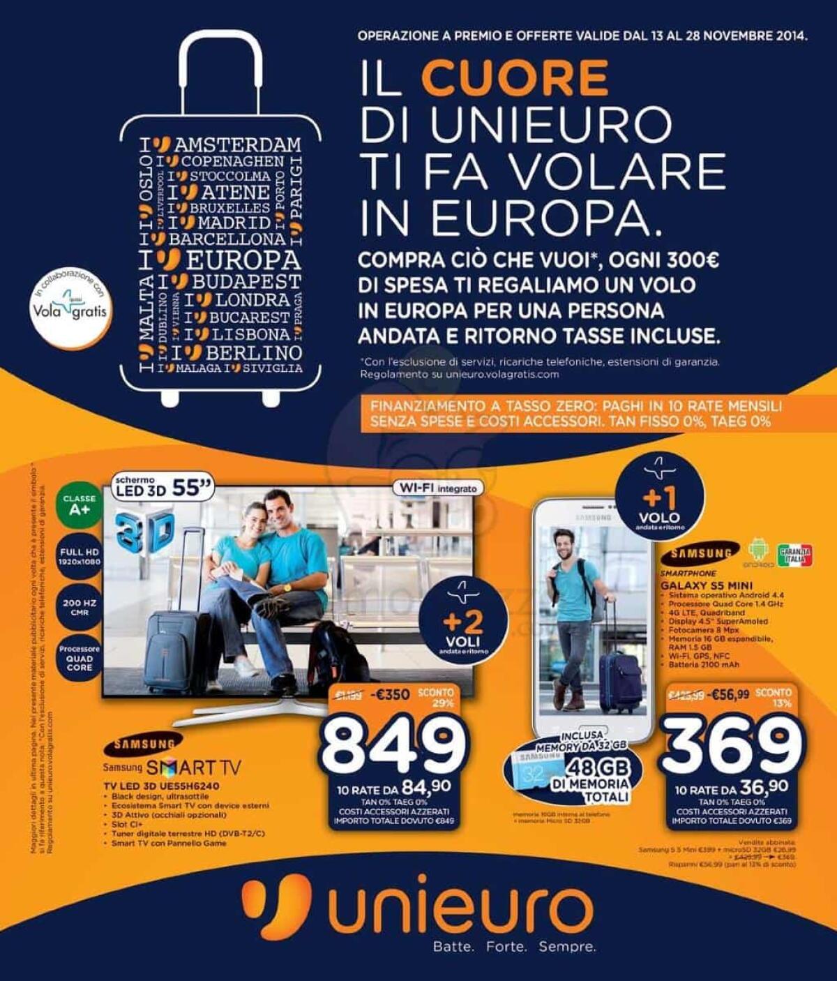 Volantino Unieuro: Per ogni 300 euro di spesa in regalo un volo in Europa A/R - 