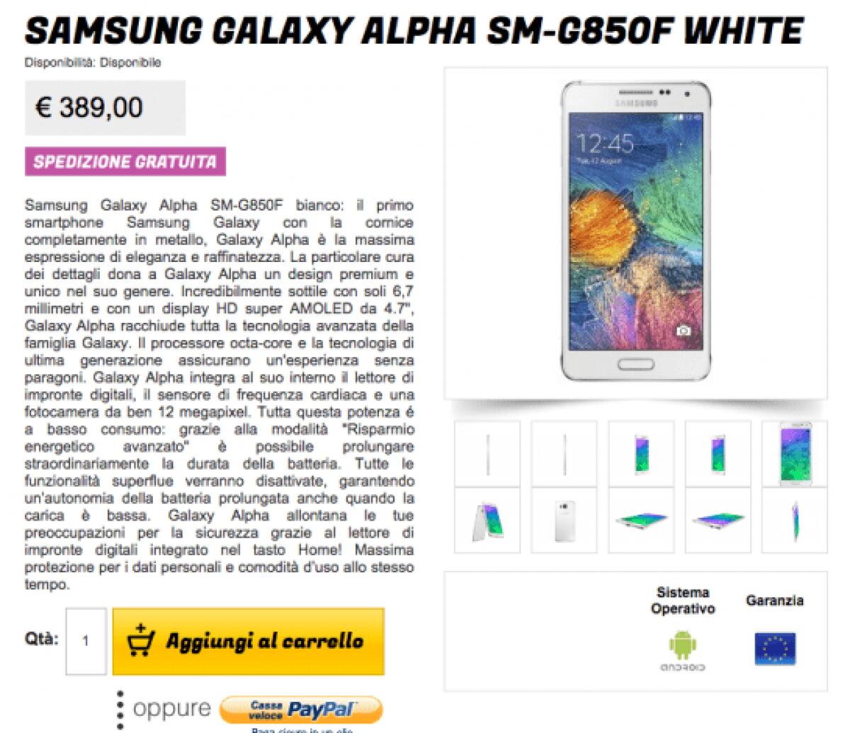 Offerte Smartphone: Samsung Galaxy Alpha a soli 389€ - 