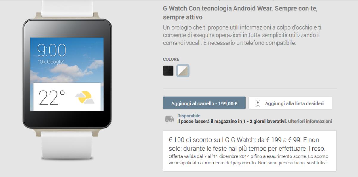 LG G Watch a soli 99 euro sul Google Play Devices - 