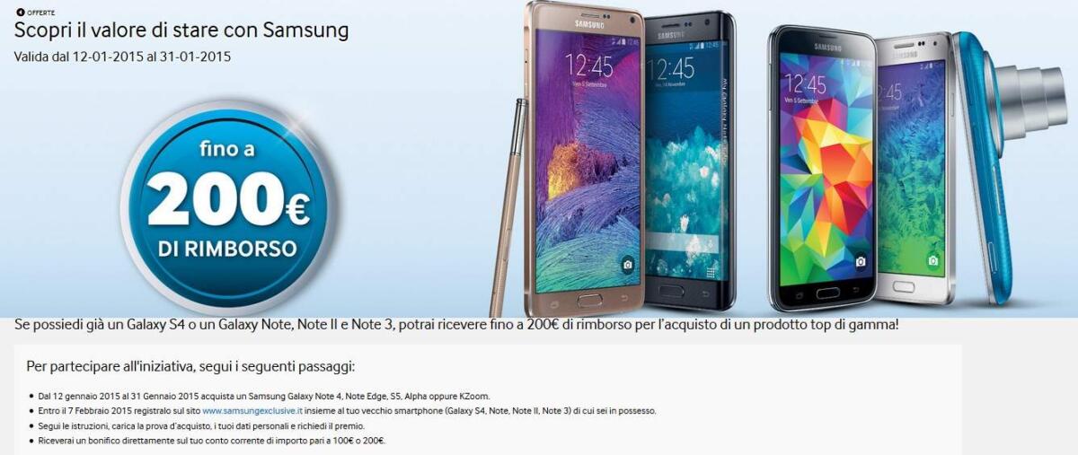 Samsung rimborsa fino a 200 euro se cambi smartphone (Samsung) e se possiedi già un Galaxy S4, Note, Note 2 e Note 3 - 