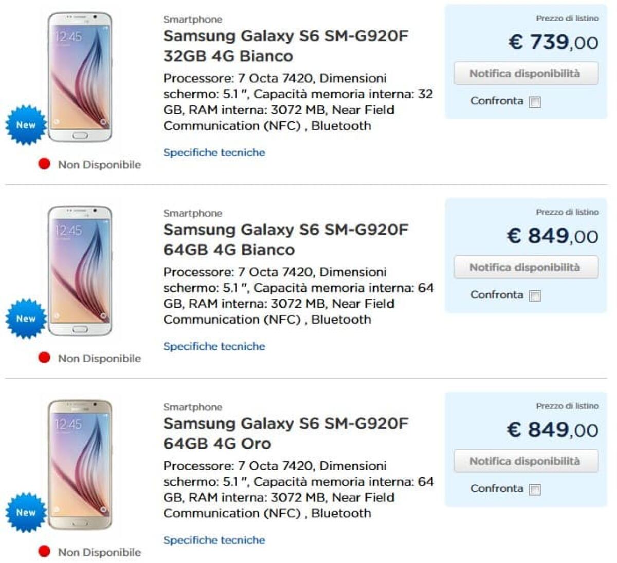 Prezzi Ufficiali Italia Samsung Galaxy S6 - 