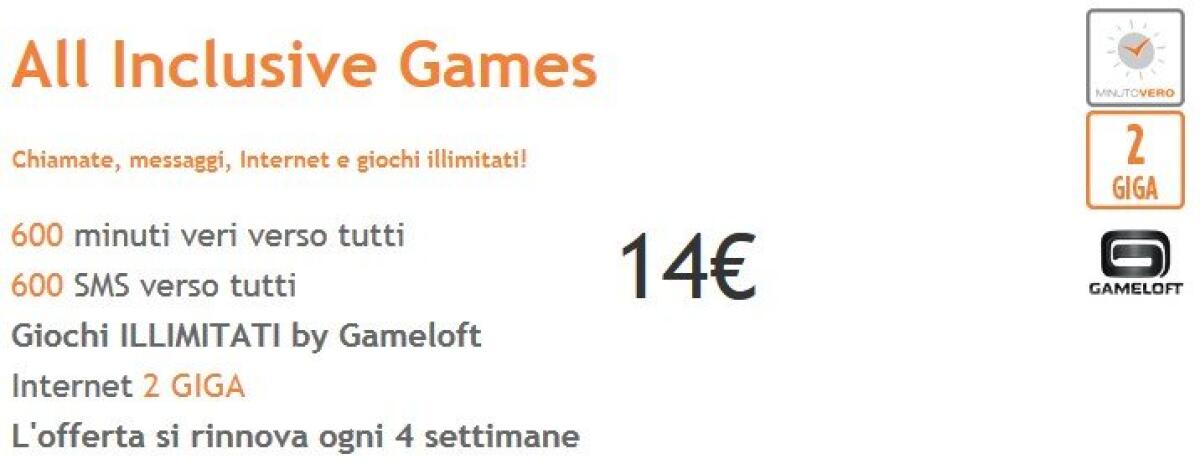 Wind All Inclusive Games: 600 Min, 600 SMS, 2 GB e Giochi Gameloft Gratis a 14 euro ogni 4 settimane - 