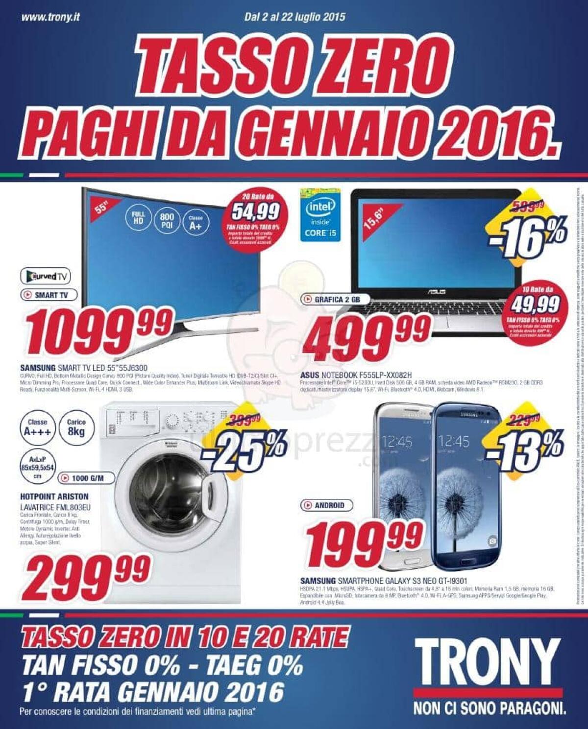 Tasso Zero nel Volantino di Trony di Luglio 2015 con tante belle offerte - 