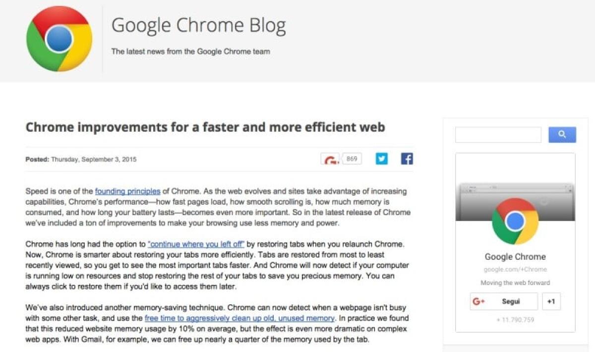 Chrome 45 consuma meno memoria RAM e meno batteria sui portatili - 