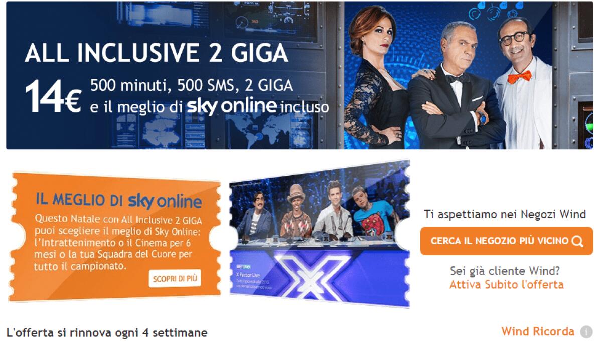 Tariffe Smartphone: Wind All Inclusive 2 Giga con Sky Online incluso - 