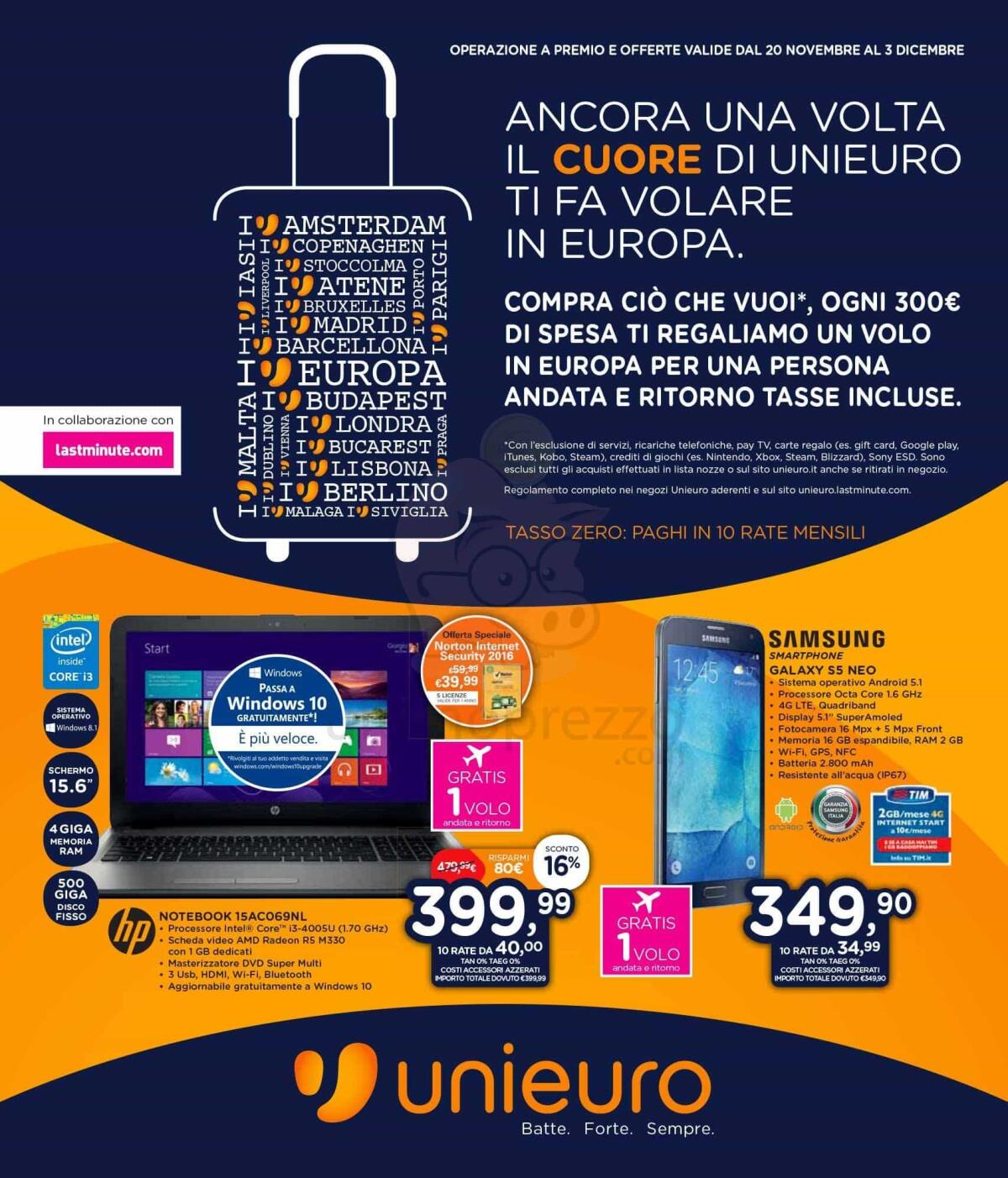 Volantino Unieuro Novembre 2015 in regalo Voli Aerei - 