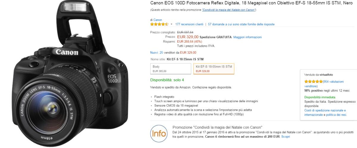 Miglior Reflex in Offerta Natale 2015: Canon 100D con 18-55 IS STM e 55-250 IS STM a soli 455 euro - 