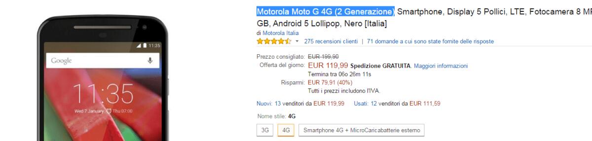 Motorola Moto G 2.a Generazione Nero, Italia, 4G in offerta a soli 119,99 euro su Amazon.it - 