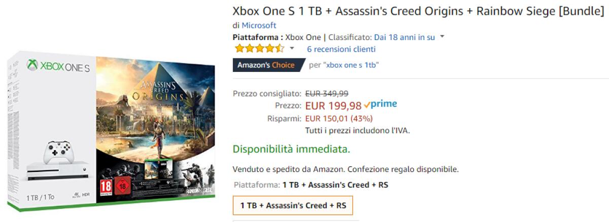 Xbox One S 1TB con Assassin's Creed Origins e Rainbow Siege a 199 euro [OFFERTONA] - 